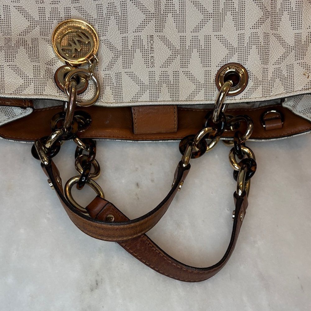 Michael Kors Bag Purse Handbag Cynthia Vanilla PVC Medium Signature Logo Satchel - Picture 10 of 16